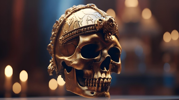 A gold skull with a crown on it