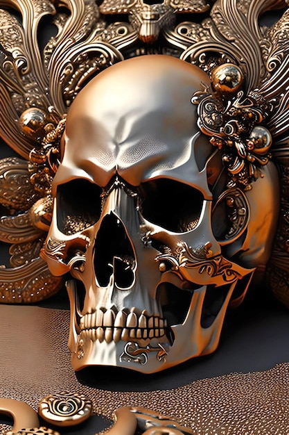 A gold skull with a floral design on it.