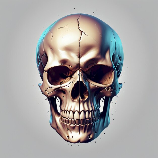 a gold skull with a silver face and a blue and blue and white background