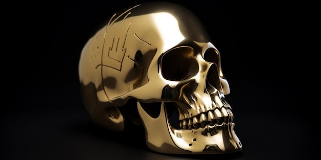 A gold skull with the word skull on it