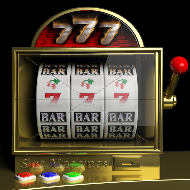 Gold slot fruit machine with 777 and cherries winning