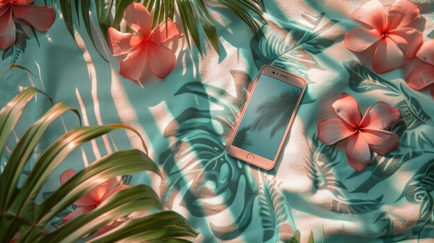 Photo a gold smartphone rests on a tropicalthemed fabric surrounded by fresh hibiscus flowers and lush gre