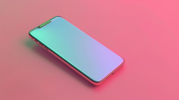 A gold smartphone with a blue and green iridescent screen laying on a pink background