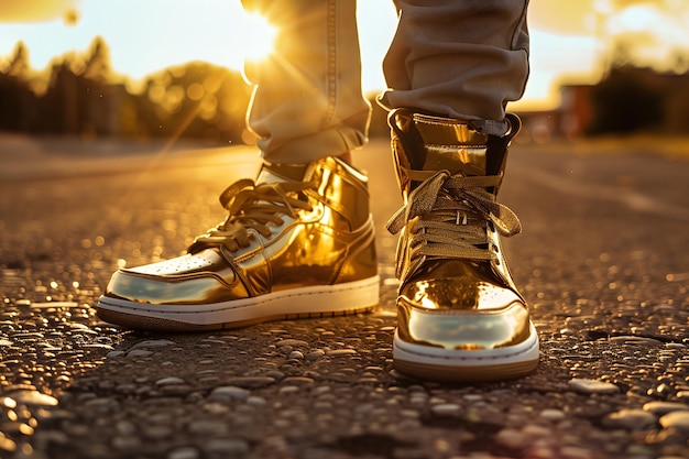 Gold sneakers on someones feet closeup standing on textured asphalt