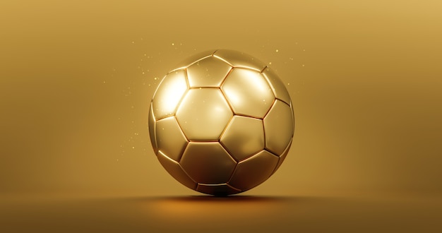 Gold soccer ball or golden football champion award on competition background with winner trophy championship. 3D rendering.