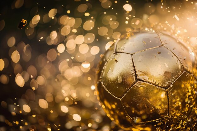 A gold soccer ball with a shiny surface and a gold and silver pattern