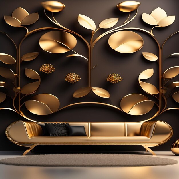 A gold sofa in front of a gold wall with a tree and flowers.