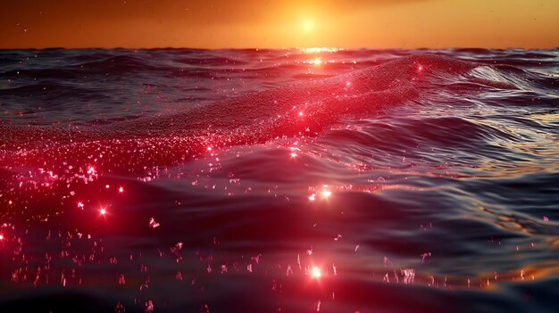 Photo gold sparkles on the red water