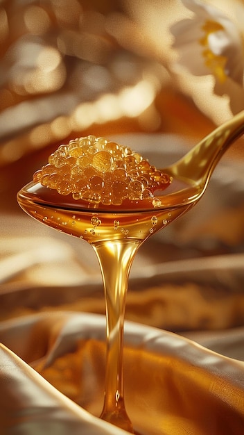 a gold spoon with honey dripping from it