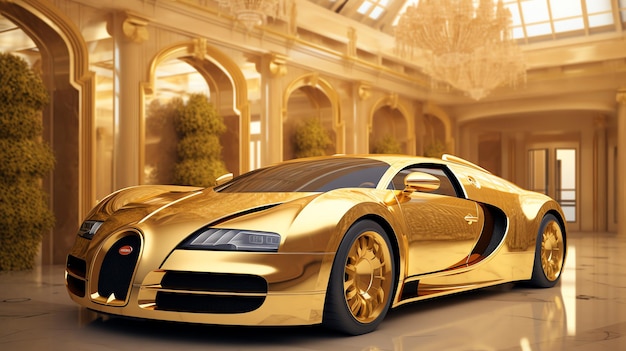 A gold sports car in a room