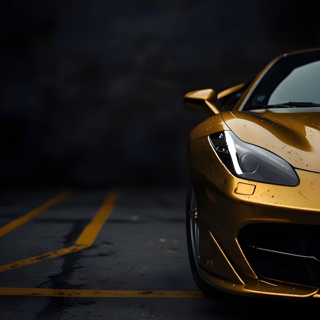 a gold sports car with the hood up and the headlights on on dark background