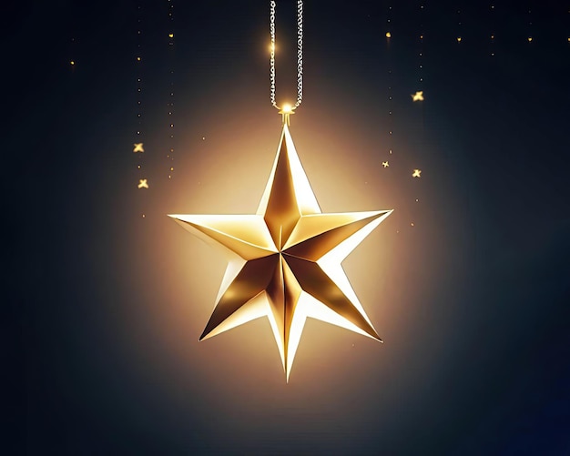 A gold star is hanging from a string with the word christmas on it.