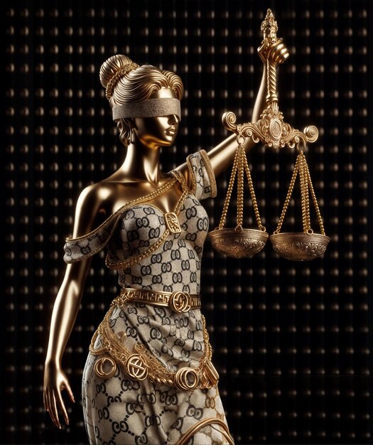 A gold statue of a stylish Lady Justice with branded bling cloths holding scales on black background