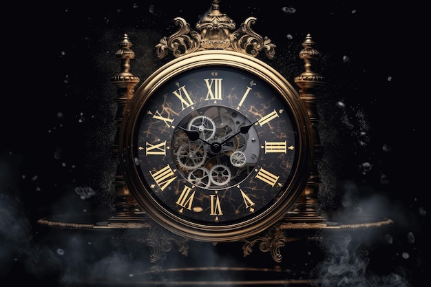 Photo gold steampunk clock on black smoky background generative ai