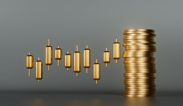 Gold stock market investment trading graph with a stack of gold coins 3D Rendering