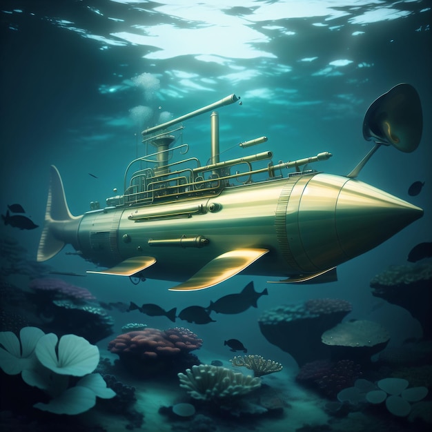 A gold submarine is floating in the ocean with a fish on the bottom.