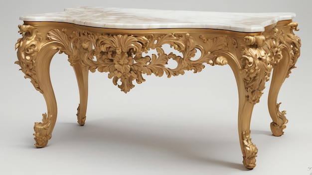 a gold table with a white top and a white marble top