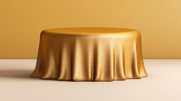 A gold tablecloth on a table with a gold cover.