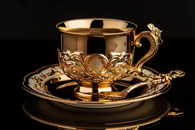 a gold teacup and saucer with a spoon