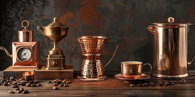 a gold teapot and cups on a table with coffee and coffee