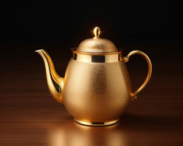 A gold teapot with a black background and a reflection of the light on it.