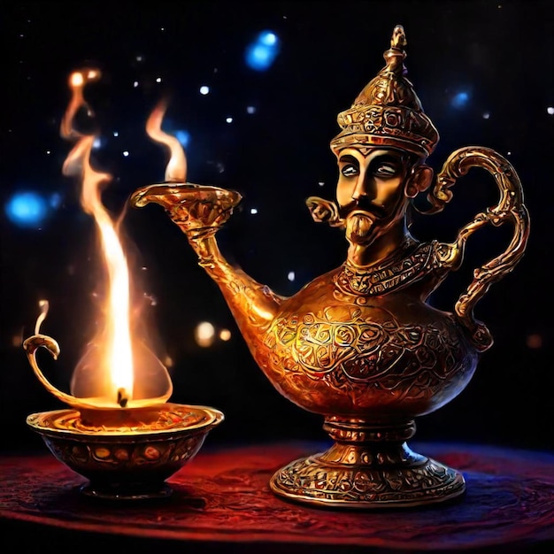 a gold teapot with a flame that says  god  on it