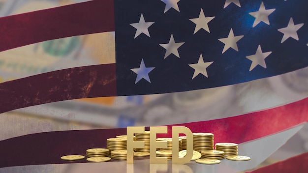 The gold text fed and coins on Usa flag background for business concept 3d rendering