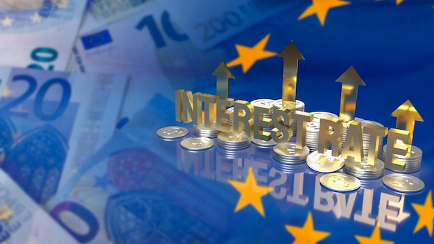 The gold text interest rate and coins on euro flag for business concept 3d rendering