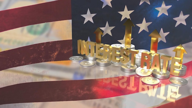 The gold text interest rate and coins on Usa flag for business concept 3d rendering