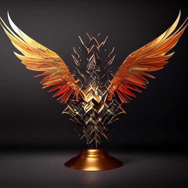 A gold throne with wings on it is sitting on a black background.