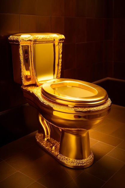 Gold toilet with gold lid and mirror on top of it Generative AI