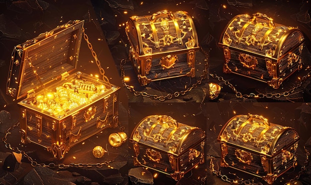 Gold treasure chests are made of strong wood or metal containing gold jewelry ai generated