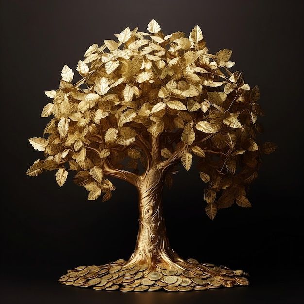 A gold tree with leaves on it is on a black background.