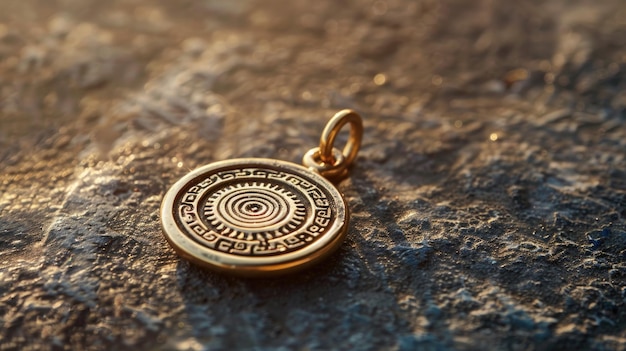 Gold tribal pendant with intricate patterns on rough stone surface