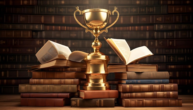 gold trophy set on top of stacks of books