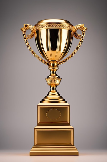 A gold trophy with a grey background