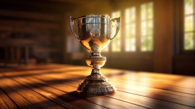 Gold trophy on wooden background