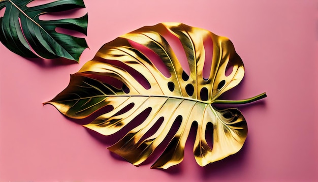 Gold tropical palm Monstera leaf on pink background Flat lay Top view Minimal concept