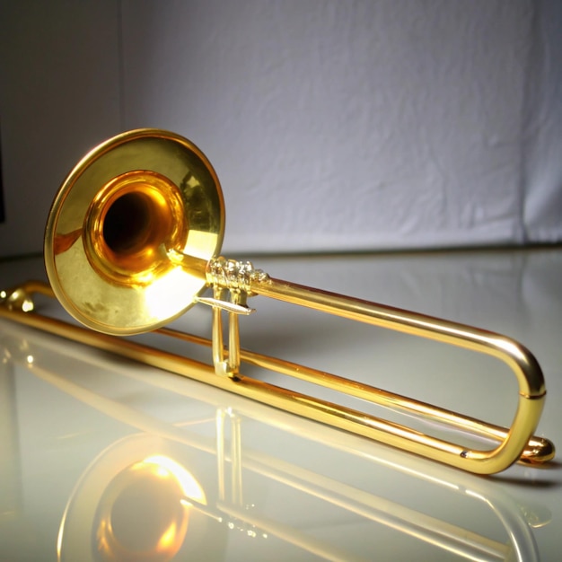 Photo a gold trumpet is on a glass table with a white background