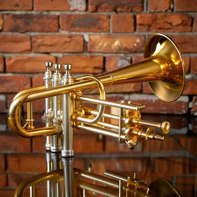 Photo a gold trumpet is sitting on a table next to a brick wall