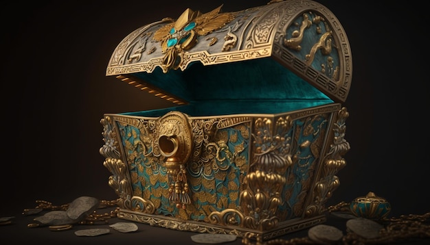 A gold and turquoise treasure chest with the word treasure on it.