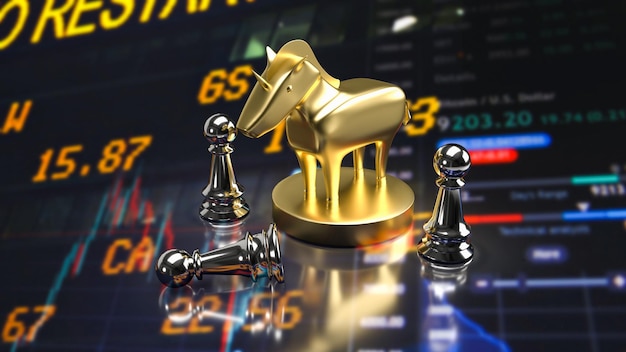 The gold unicorn and chess for start up or business concept 3d rendering