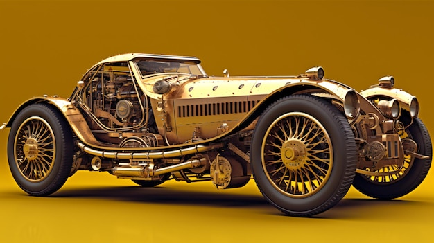 A gold vintage car on a yellow background