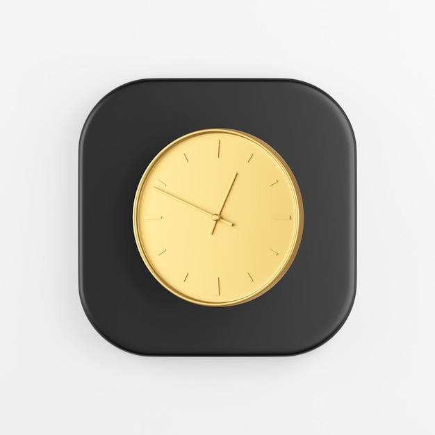 Gold wall round clock icon. 3d rendering of black square key button, interface ui ux element.