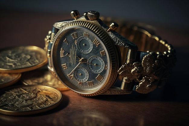 a gold watch and coins representing financial success and wealth