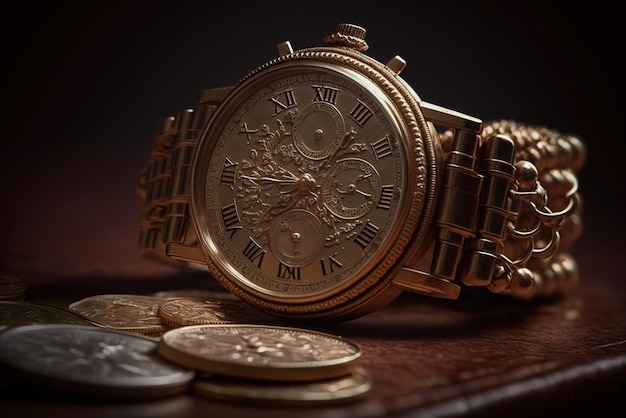 a gold watch and coins representing financial success and wealth