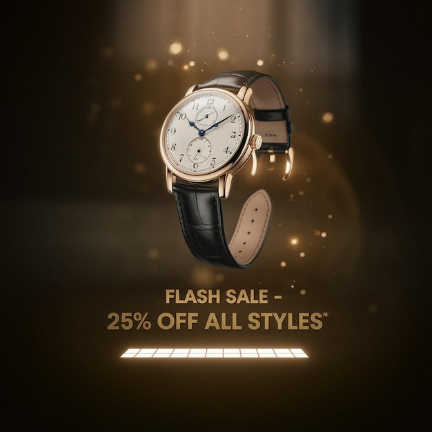 a gold watch with a black background that says flash sale