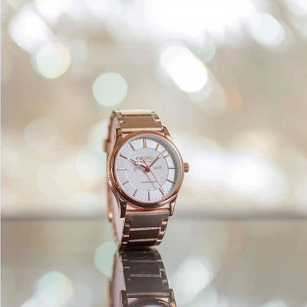 a gold watch with a white face and a black band on it