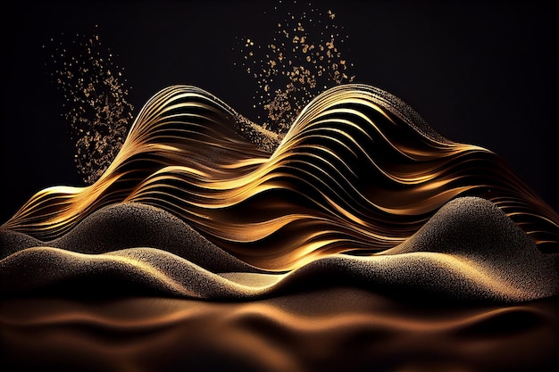 Gold Waves on Black Backgroundgenerative ai