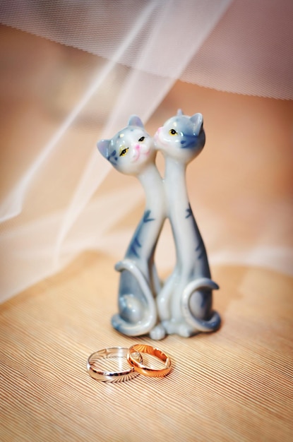 Gold wedding ring looks beautiful next to the statue of lovers cats